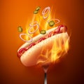 Vector illustration of hot dog with grilled sausage in bun with sesame and falling jalapenos and onion on fork in fire