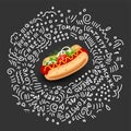 Vector Hot Dog, Isolated Icon On Black Background. Classic Symbol Of Fast Food For Street Lunch. Colorful Appetizing Hot