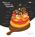 Vector illustration of hot Salami Pizza with Vegetables on wooden board.