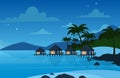 Vector illustration of hotel on the tropical beach in night time. Villa on beautiful sea shore. Vacation concept in flat Royalty Free Stock Photo