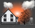 Vector illustration with house, bycicle. autumn tree