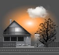 Vector illustration with house, bycicle. autumn tree