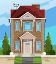 Vector illustration of house. English house facade. Colorful Flat Residential House. Illustration of a cartoon house in