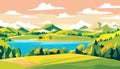 Vector illustration of a house in a rural area surrounded by panoramic meadows, mountains, and idyllic countryside. Royalty Free Stock Photo