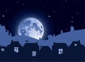 Vector illustration. Houses silhouettes on landscape fading background with cat silhouettes in window openings and big realistic m