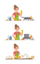 Vector illustration of housewife set. Housewife doing various household chores.