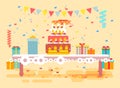 Vector illustration huge festive cake with candles on table, confetti, celebrate happy birthday, congratulating, gifts Royalty Free Stock Photo