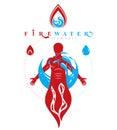 Vector illustration of human being standing, mythic ancient god. Prometheus surrounded by a water ball, water and fire diversity