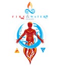 Vector illustration of human being standing, mythic ancient god. Prometheus surrounded by a water ball, water and fire diversity