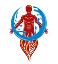 Vector illustration of human being standing, mythic ancient god. Prometheus surrounded by a water ball, water and fire diversity