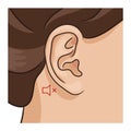 Vector illustration of human ear closeup with part of head and hair, no hearing sign. Royalty Free Stock Photo