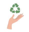 Vector illustration of human hand holding Recycle symbol. Concept of World Environment Day, Save the Earth, sustainability,