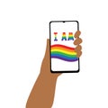 Vector illustration of human hand with smartphone and lgbt rainbow flag and words