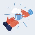 Vector illustration of human hands with cup of tea give to another person concept of goodness, love, mercy
