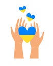 Vector illustration of human hands holding Blue and Yellow heart shaped flags of Ukraine isolated on white