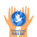 Vector illustration of human hands holding Earth globe with flying bird dove as a symbol of peace isolated on white background. Royalty Free Stock Photo