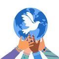 Vector illustration of human hands holding Earth globe with flying bird dove as a symbol of peace isolated on white background. Royalty Free Stock Photo