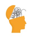 Vector illustration with human head silhouette with brain as tangled messy single line. Trendy concept of mental disorder, finding Royalty Free Stock Photo