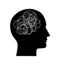 Vector illustration with human head silhouette with brain as tangled messy single line. Trendy concept of mental disorder Royalty Free Stock Photo