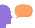 Vector illustration of human head silhouette talking through speech bubble. Concept of communication, dialogue, chat, conversation