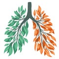 Vector illustration of human lungs from green and orange leaves and branches. Withering health. Old human organ. Save the earth