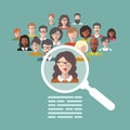 Vector illustration of human resources management, staff research, head hunter job with magnifying glass in flat style.