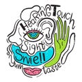 Vector illustration of the 5 human senses. Sight, taste, hearing, smell, touch. Hand drawn style Royalty Free Stock Photo