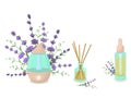 Vector illustration of a humidifier diffuser, a fragrance with wooden sticks, and an aroma oil with lavender sprigs