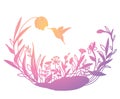 Vector illustration with a hummingbird in flowers. Stylized flowers inscribed in a circle with a bird. Linear Art Royalty Free Stock Photo