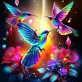 Vector illustration of hummingbirds flying in the night sky with flowers. AI Generated