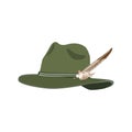 Vector illustration of hunting hat with feather and metal badge, flat design