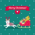 Vector illustration. Husky is carrying a team with gifts and a Christmas tree. Christmas picture for decoration. Year of