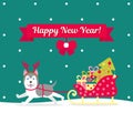 Vector illustration. Husky is carrying a team with gifts and a Christmas tree. Christmas picture for decoration. Year of