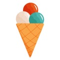 Vector illustration of ice cream in waffle cone in cartoon flat style. Tasty summer sweets, sorbet, desset