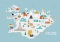 Vector illustration of Iceland map with famous symbols, landmarks, animals. Royalty Free Stock Photo