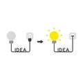 Vector icon concept of light bulb with idea word cable and plugged into outlet and glowing