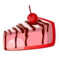 Vector illustration, icon decorative slice cake with cherry and chocolate isolated on a white