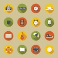 Vector illustration icon set: camera, glasses, compass, hat, drink, music, clock, phone, bag, guitar, umbrella, shoes, life