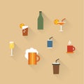 Vector illustration icon set of drinks: tea, lemonade, coffee, champagne, beer, cocktail Royalty Free Stock Photo