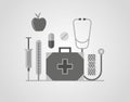 Vector illustration icon set of hospital: thermometer, bandage, injection, pharmacy, stethoscope, apple, pill