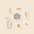 Vector illustration icon set of hospital: thermometer, bandage, injection, pharmacy, stethoscope, apple, pill