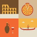 Vector illustration icon set of Italy: flag, Coliseum, pizza, gondolier Royalty Free Stock Photo