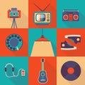 Vector illustration icon set of lifestyle: photo camera, TV, tape recorder, telephone, lamp, shoes, headphones, player, guitar,