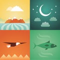 Vector illustration icon set of nature: mountain, crescent, eagle, fish