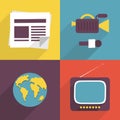 Vector illustration icon set of news: newspaper, camera and microphone, world, television