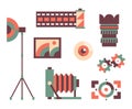 Vector illustration icon set of photo: camera, lens, eye, focus, film, umbrella