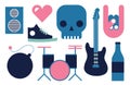 Vector illustration icon set of Rock n Roll: speaker, heart, skull, guitar, hand, shoes, bomb, drum, bottle