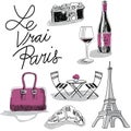 Vector illustration of iconic paris objects and activities