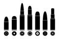 Vector illustration icons of different military bullets on white background. Weapons ammunition of different types and