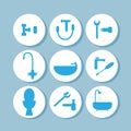 Vector illustration icons for plumbing set. Bath, faucet, toilet, tools, washbasin and pipes.